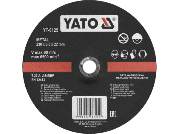 Disque de meulage pour métaux 230 x 6,0 x 22 mm / YT-6125